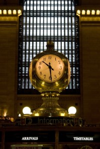 The old antique clock in the center of grand central station in New York City.