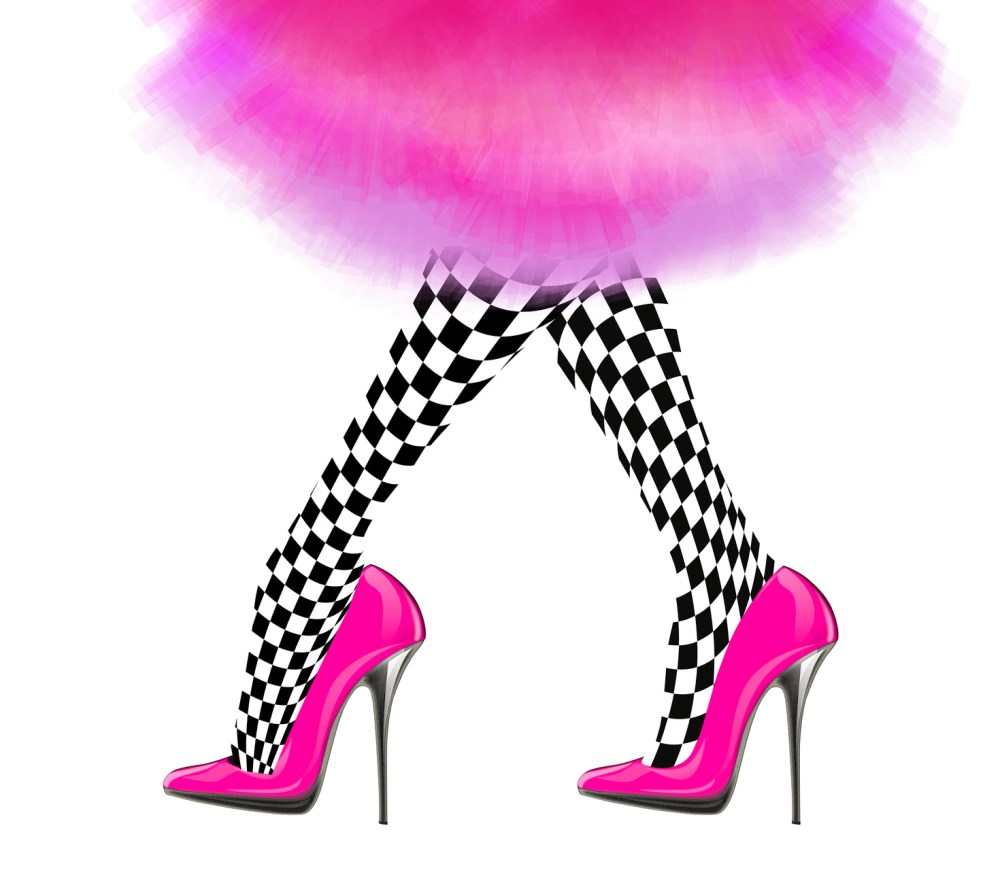woman leg with pink high heel shoes and vintage skirt